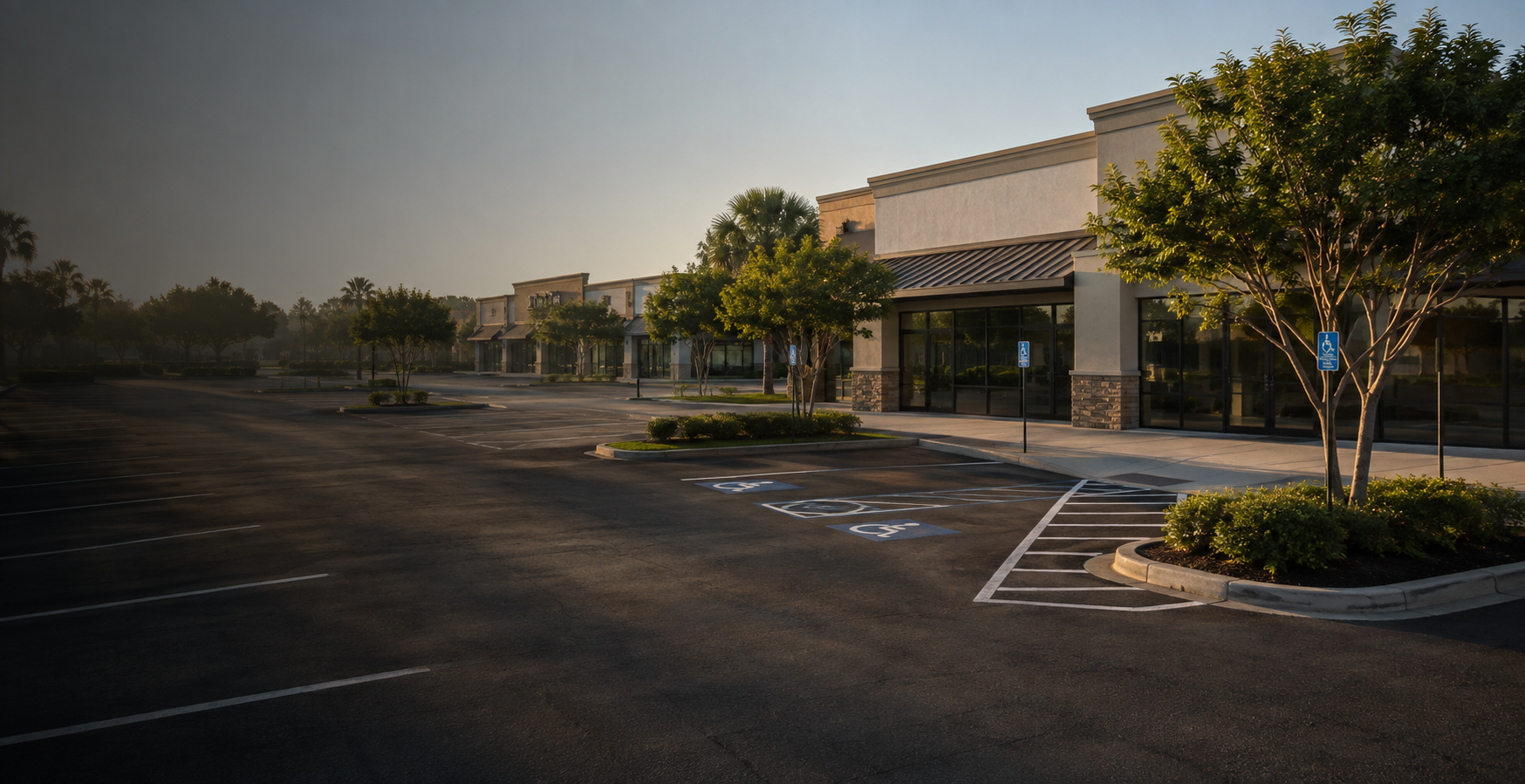 A well-maintained commercial retail property with a clearly marked parking lot